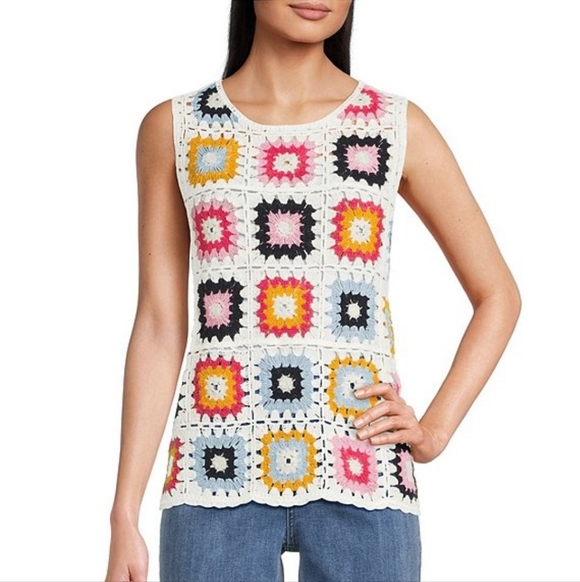 Vintage Tops - Vintage Colorful Crochet Sleeveless Top Size M